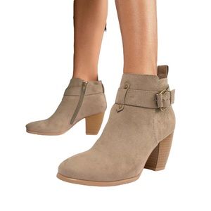 Qupid Taupe Suede Ankle Booties Stacked Block Heel Buckle Strap Side Zip Size 7M